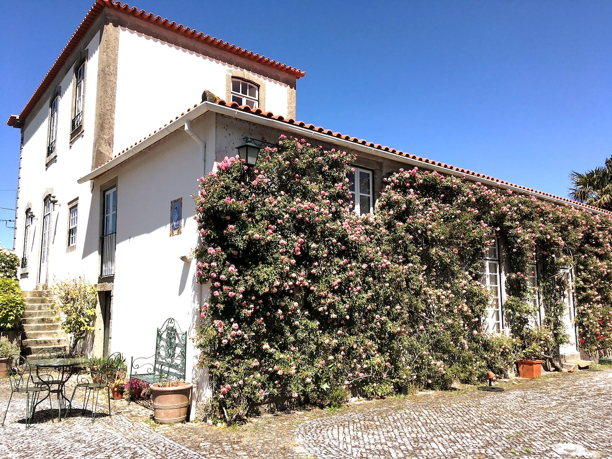 The villa's exterior showcases a rustic facade adorned with climbing pink flowers. Sunlight highlights the white walls and red roof tiles. Stone paths lead to the entrance, while seating areas are nestled amid vibrant greenery, creating inviting spots for relaxation.