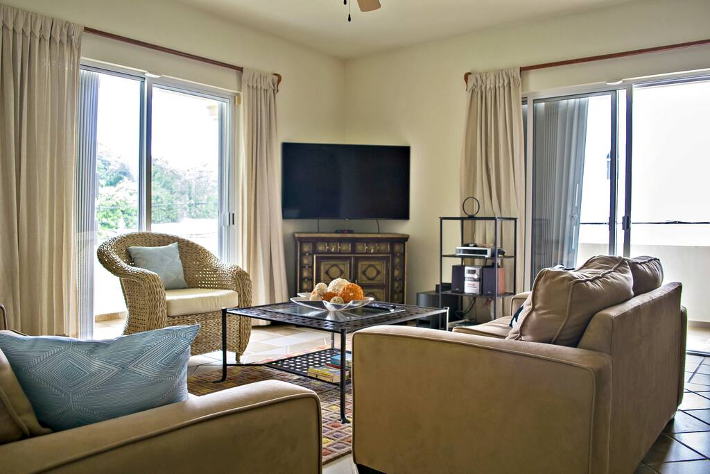 You can watch TV. We have cable. You can also listen to music.