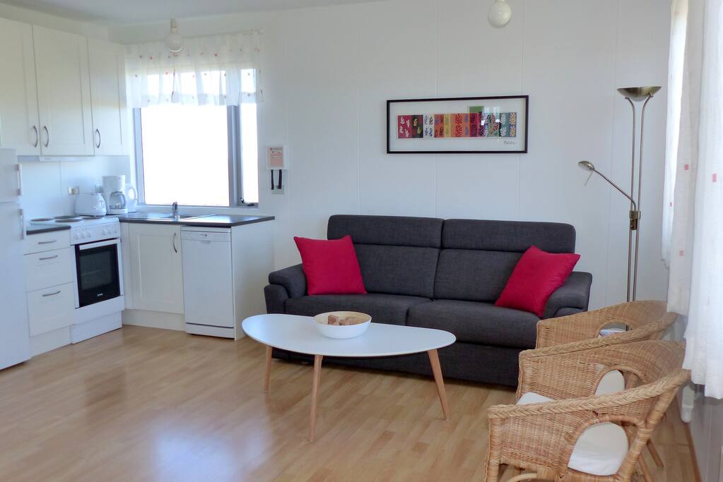 The living room and the kitchen