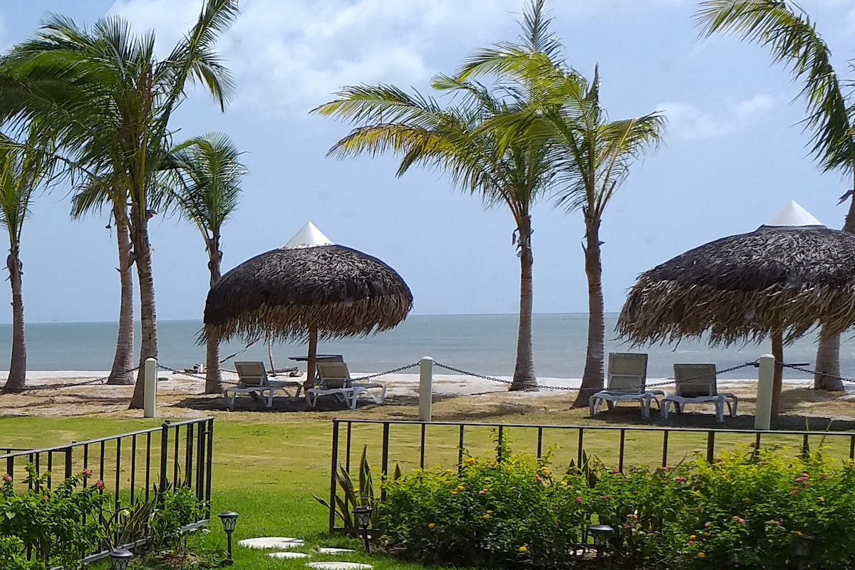 Seating areas are provided under thatched umbrellas, with lounge chairs facing the serene ocean. Lush palm trees frame the scene, offering shade and a tropical vibe. The gentle waves of the beach are visible in the background, enhancing the coastal atmosphere.