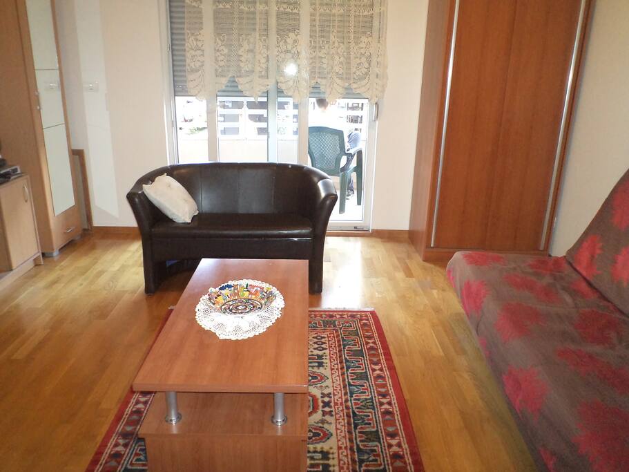Dining area with the balcony behind