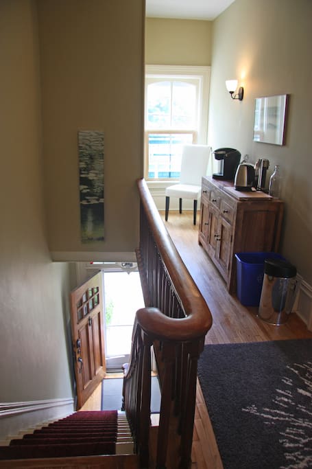 coffee area including fridge,keurig,kettle