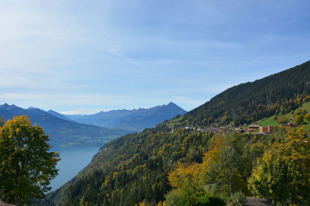 View out of bedroom window of Lake Thun and Niesen in Fall