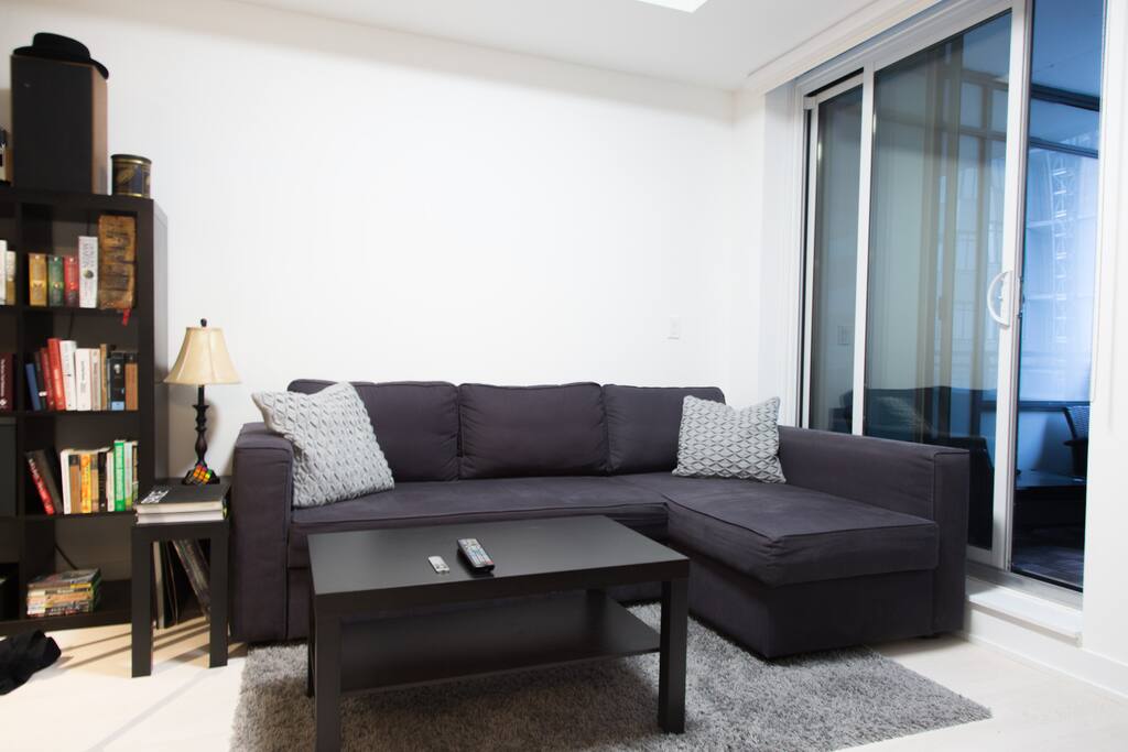 Common space with large sofa (bed) with chaise lounge.