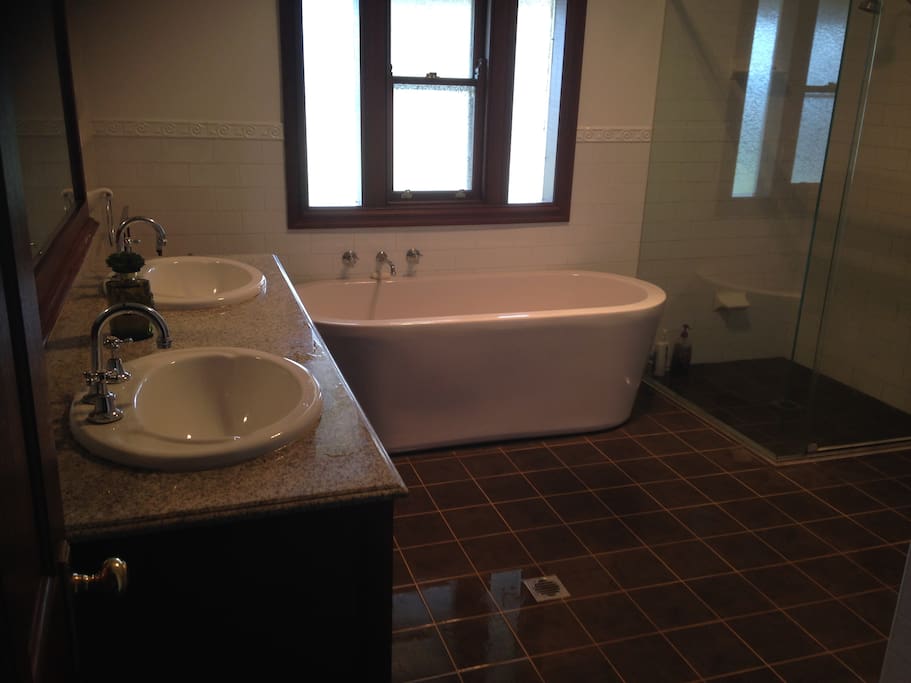 Marble double sink vanity, large bath and separate shower & toilet