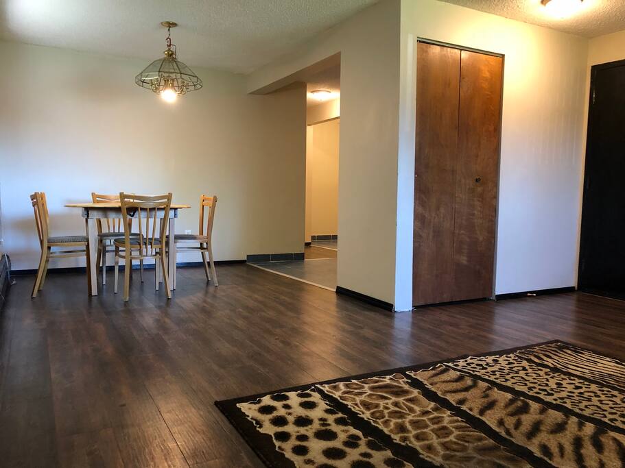 Table and 4 chairs. No couches.