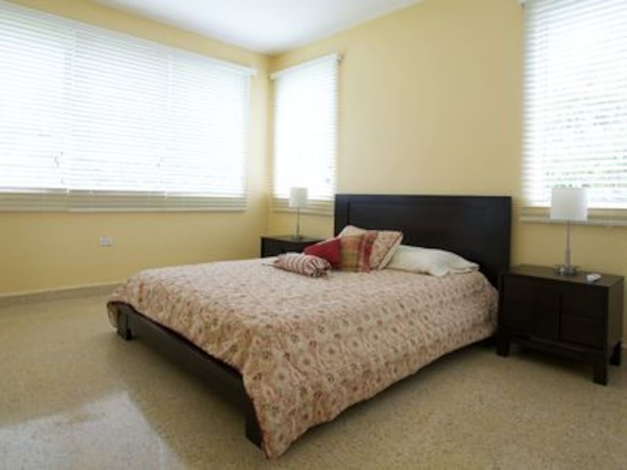 The sunny second bedroom features a queen sized bed.
