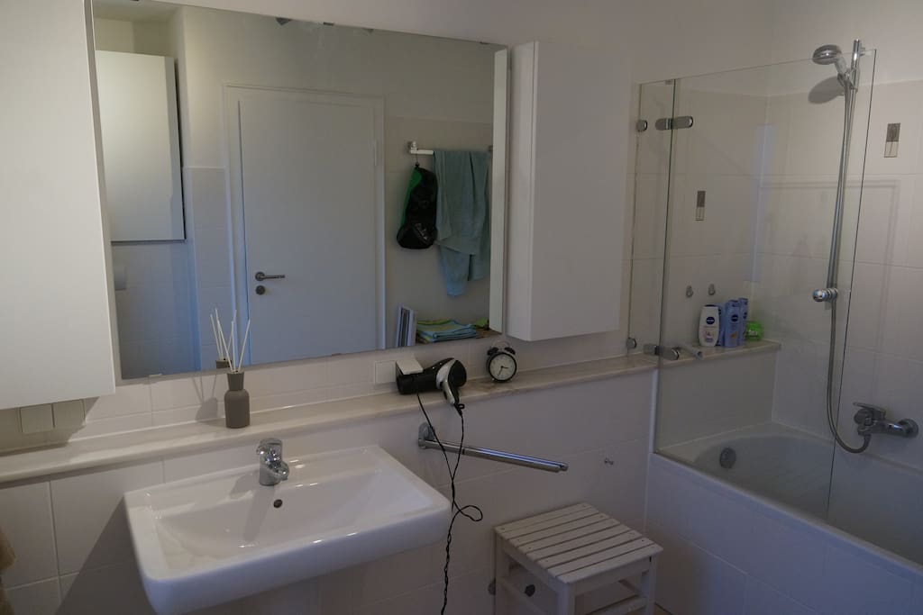 Badezimmer mit Dusche, Waschbecken, WC