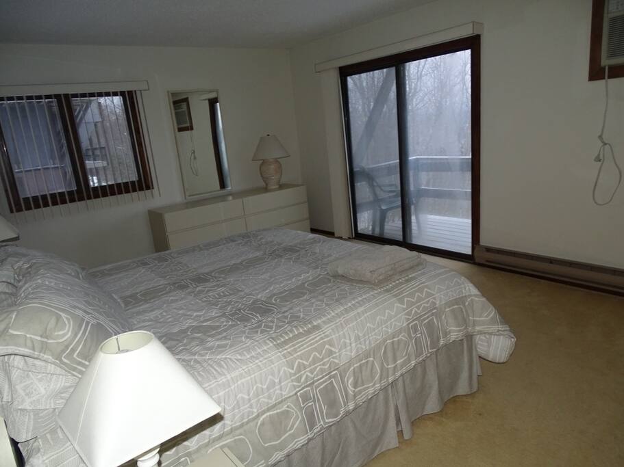 Master bedroom on lower level with private balcony, king size bed and a large screen TV. AC unit in wall.