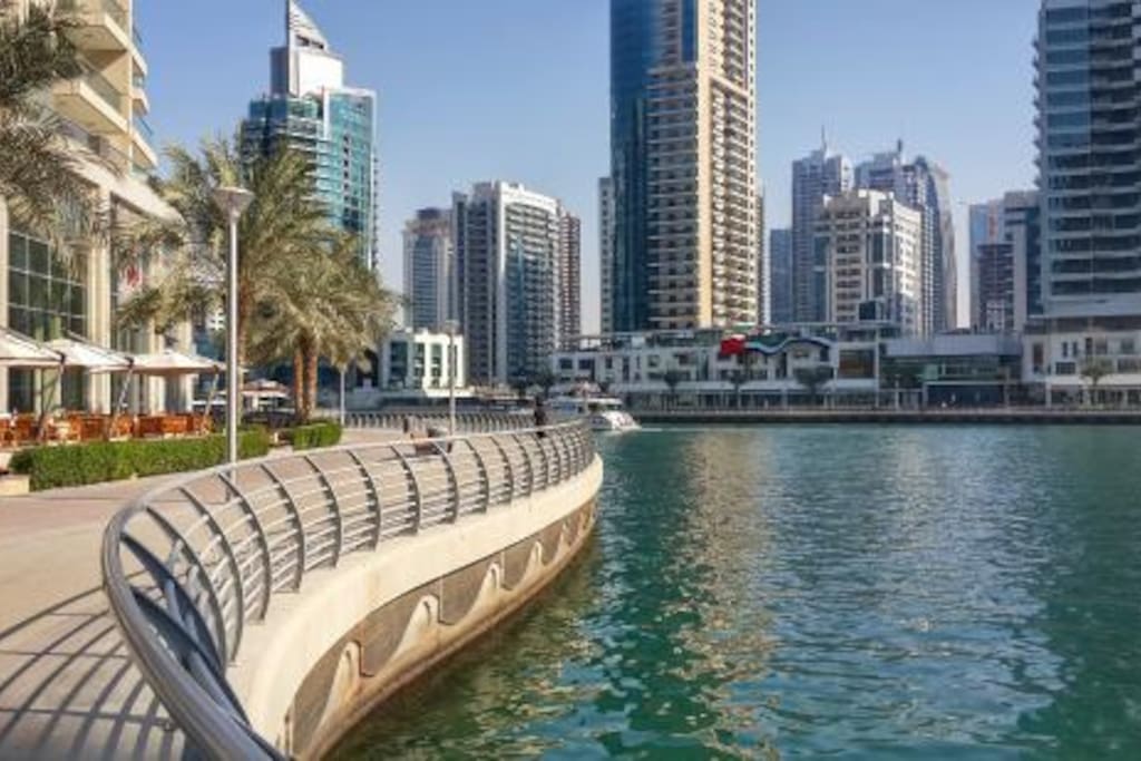 Marina walk next to building