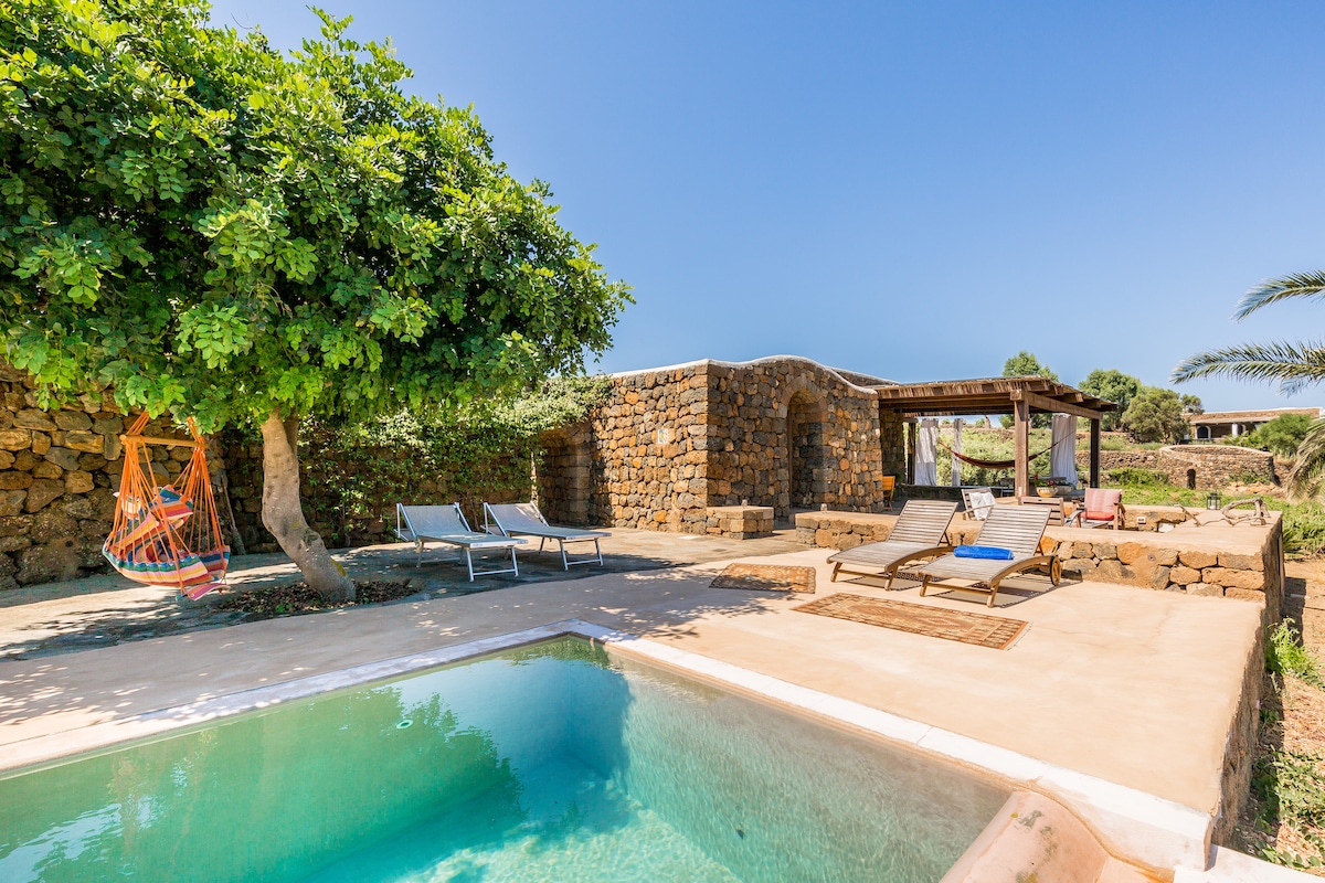 A tranquil outdoor area features a pool surrounded by a spacious stone patio. Sun loungers are positioned under the shade of a large tree, while a covered seating area is visible in the background, offering a comfortable retreat.