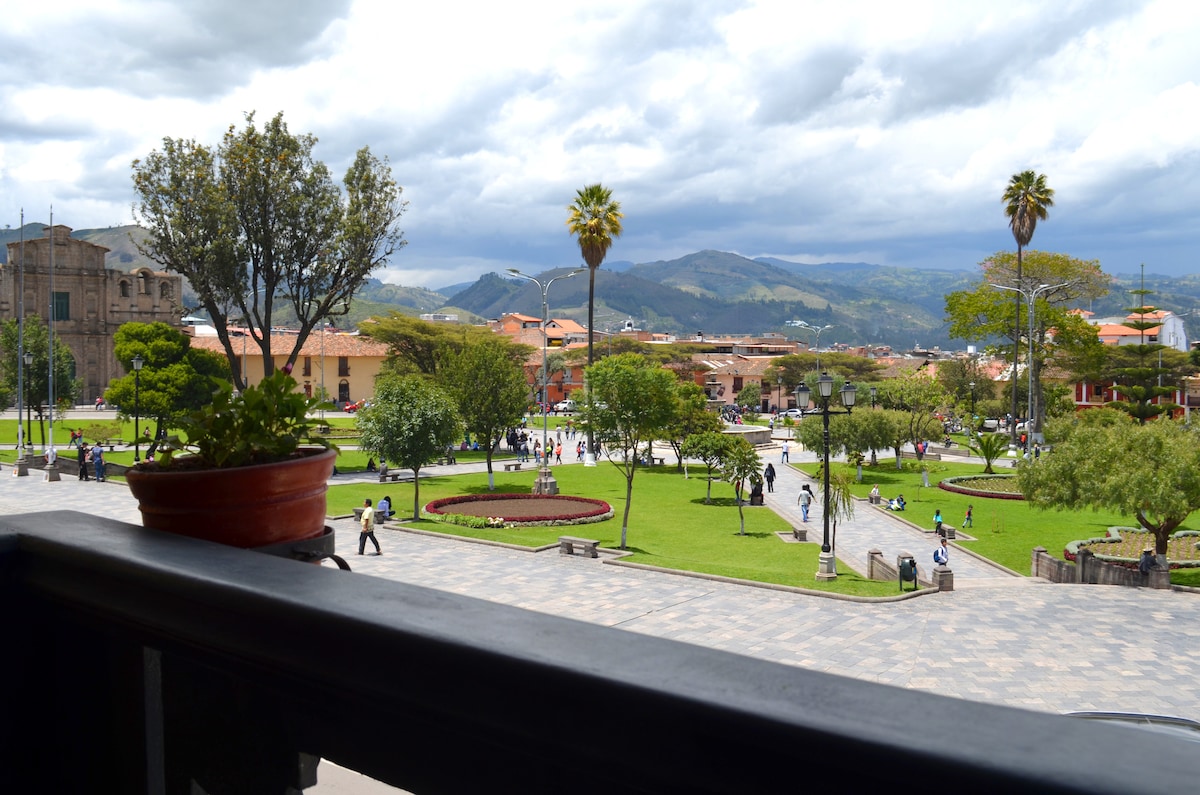A view from a small balcony overlooks a green plaza bustling with visitors. Trees, gardens, and pathways create an open atmosphere, while surrounding buildings and mountains provide a scenic backdrop. A potted plant is visible on the balcony railing.