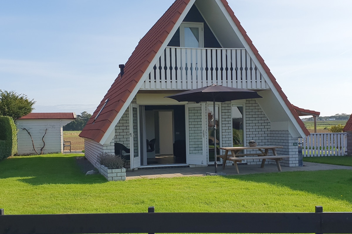 The image showcases a modern two-story house with a distinctive a-frame roof. A spacious patio area is equipped with an umbrella and a picnic table. Lush green grass surrounds the building, with a view of open fields in the background.