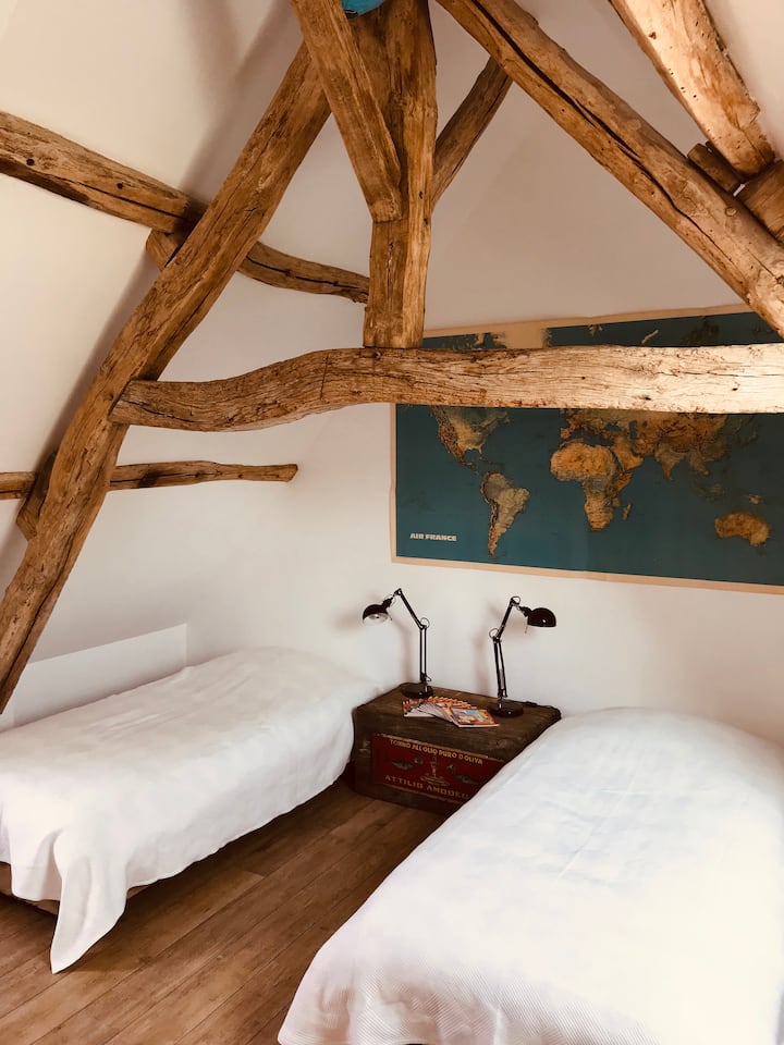 Arriba, dormitorio con dos camas individuales, TV, área de sofá.