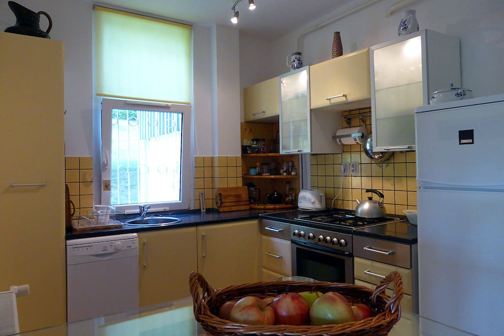 Fully-equipped kitchen with dishwasher and fridge.