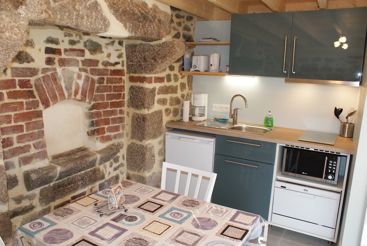 A compact kitchen space features modern cabinetry against a rustic stone wall, showcasing natural textures. It includes essential appliances such as a refrigerator, microwave, and dishwasher. A dining table with a patterned tablecloth invites shared meals, complemented by warm lighting overhead.