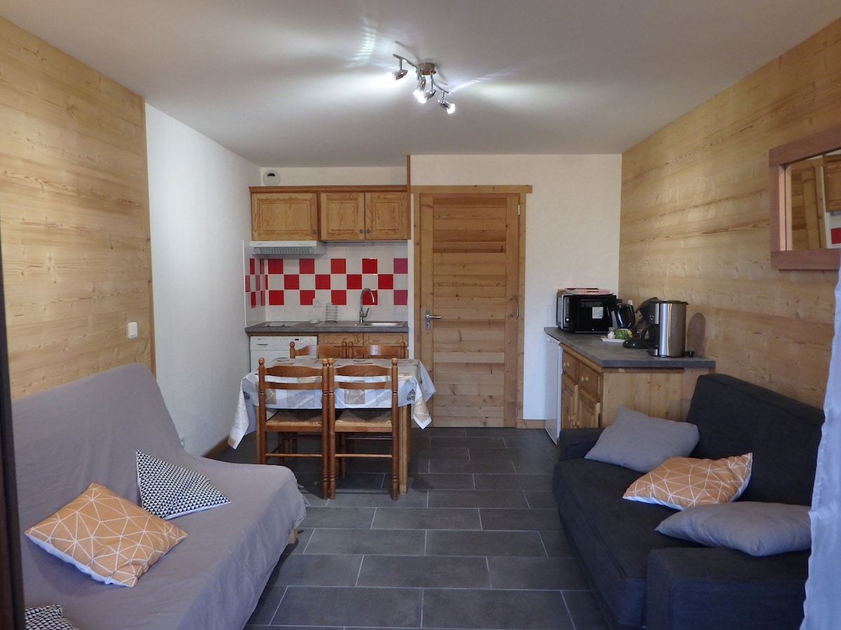 An open living area features a kitchenette with red and white tiles, complemented by wooden cabinetry. Two seating arrangements are present, one in gray and the other in a convertible couch, while a small dining table with wooden chairs occupies the center.