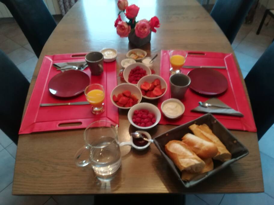 Nous pouvons vous proposer un petit déjeuner avec confitures maison, fruits du jardin selon saison, jus de fruits, pain frais.