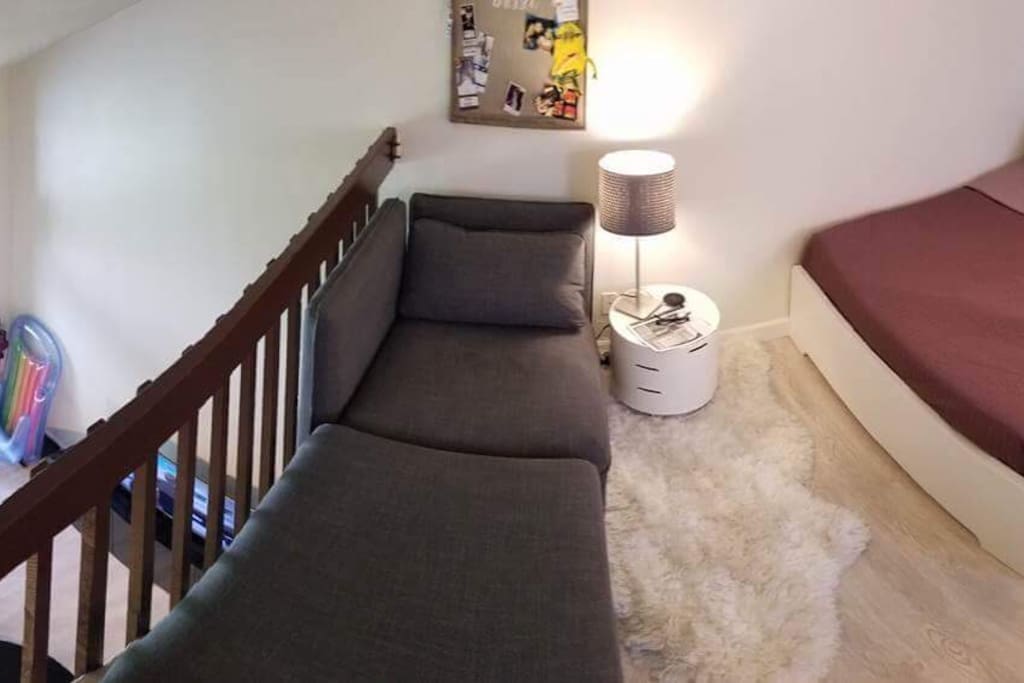 Loft style queen bed, chaise has a pull out bed for one additional person