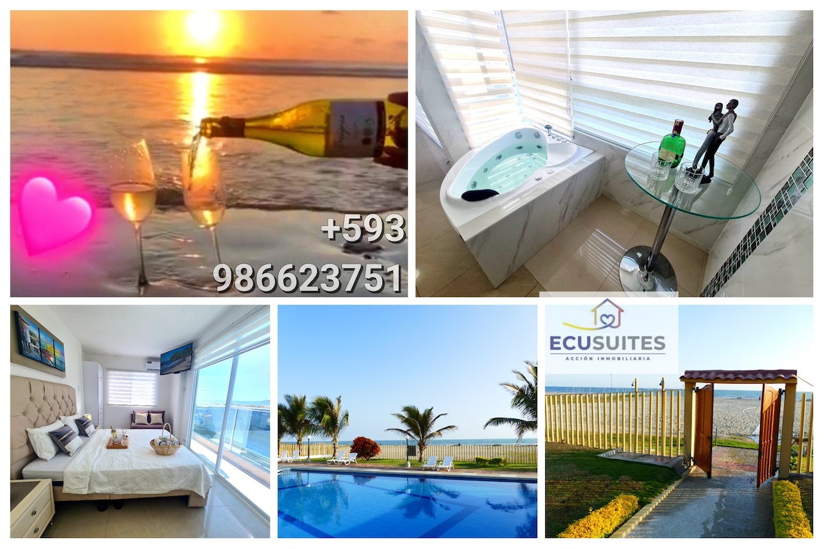 A tranquil beach setting is depicted with two glasses of champagne beside a bottle, capturing a sunset reflection on the water. A private jacuzzi is seen next to a glass table. The suite features a plush bed, sea views, a swimming pool, and an entrance to the beach.