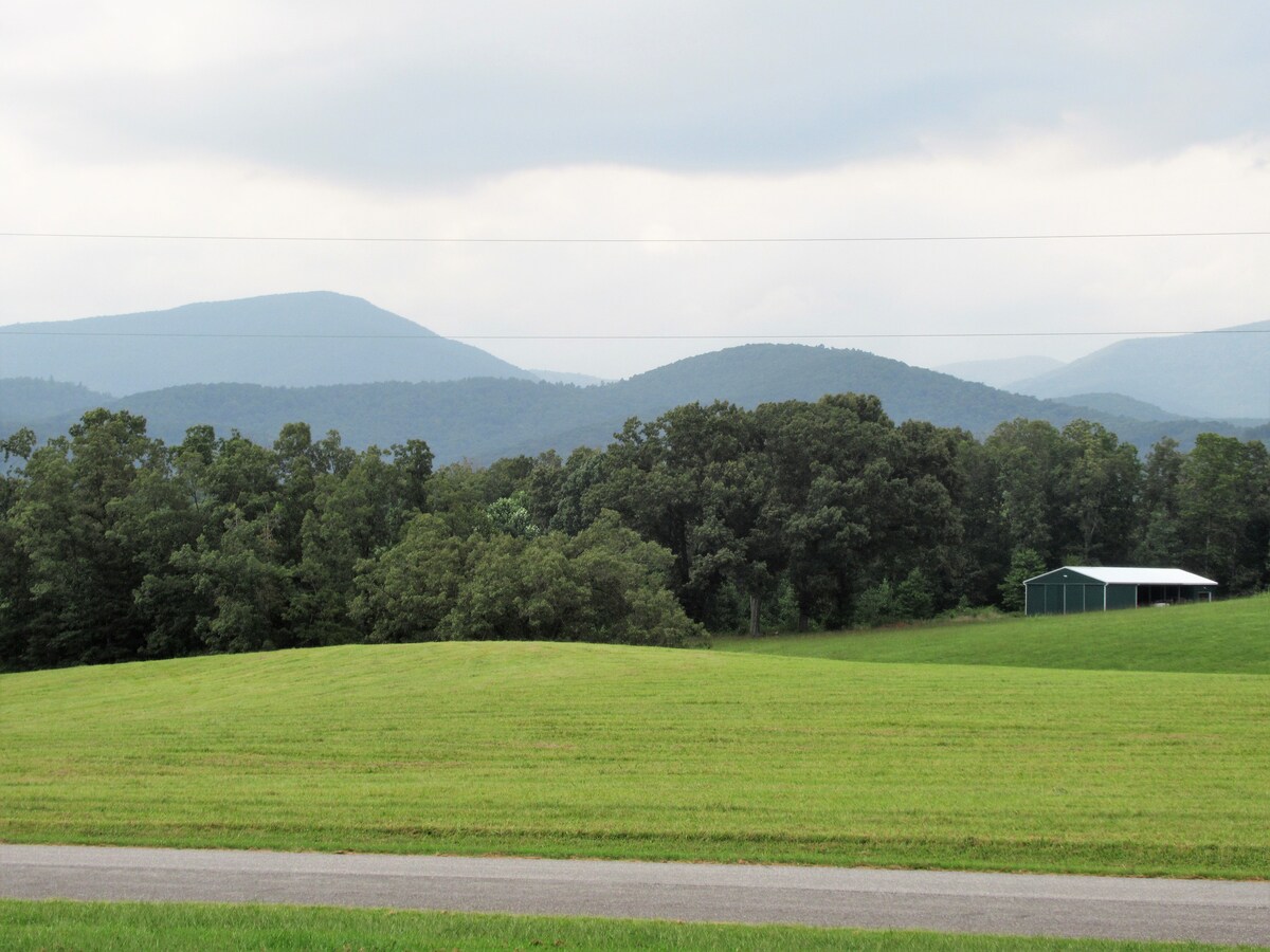 A tranquil view of rolling green fields is framed by lush trees, with distant mountains visible under a cloudy sky. A simple structure with a metal roof stands in the background, complementing the natural landscape.