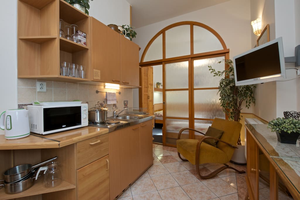 Equipped kitchenette with stove, microwave oven, fridge, kettle, dishes and utensils.