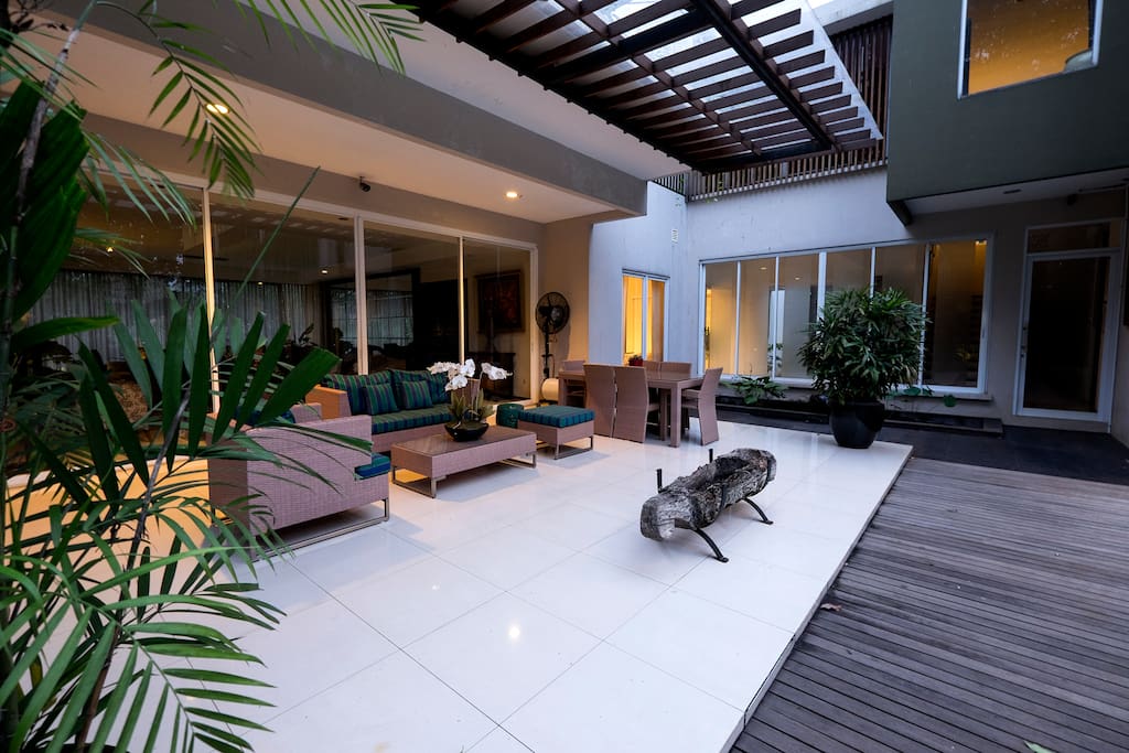 The terrace by the pool in the afternoon