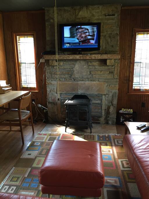 Television with DirecTV service and DVD player.