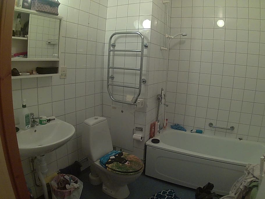Toalett med nybytt toasits, handdukstork och badkar. Badlakan, handdtvål och handdesinfektion kommer att ingå.