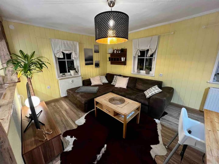 Cozy living room with sun yellow walls and wood accents. Large sofa, sofa bed, bright windows and a charming ceiling light create a welcoming atmosphere to relax.