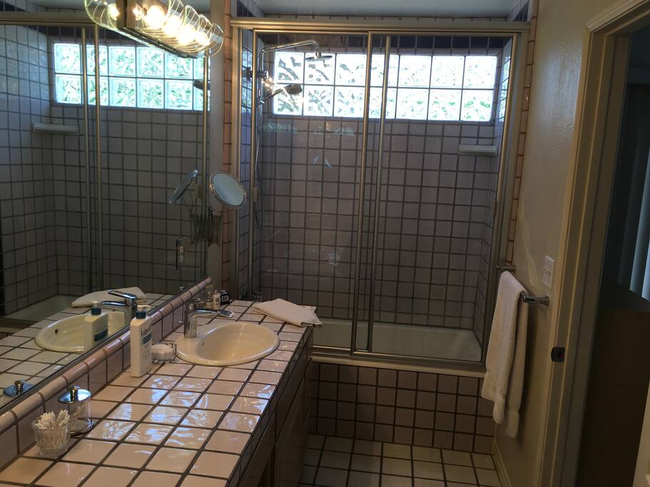 2 sink master bath Italian tile Hansgroh fixtures large tub/shower