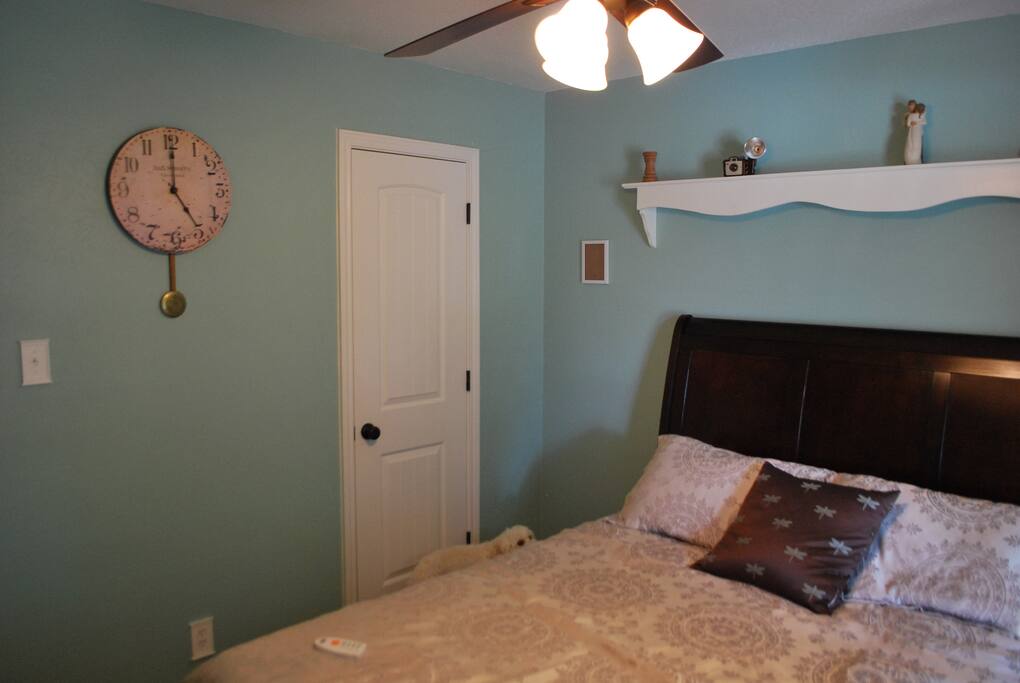 The closet has an extra quilt (just in case) and plenty of hangers for your clothes.