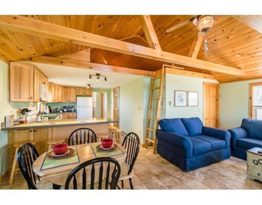 Open floor plan with fully equipped kitchen and living room with a queen pull out sofa (foam mattress).