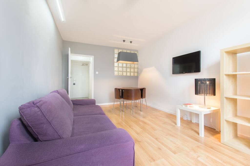 The living room with air-con, 3-person sofa bed, tv, table