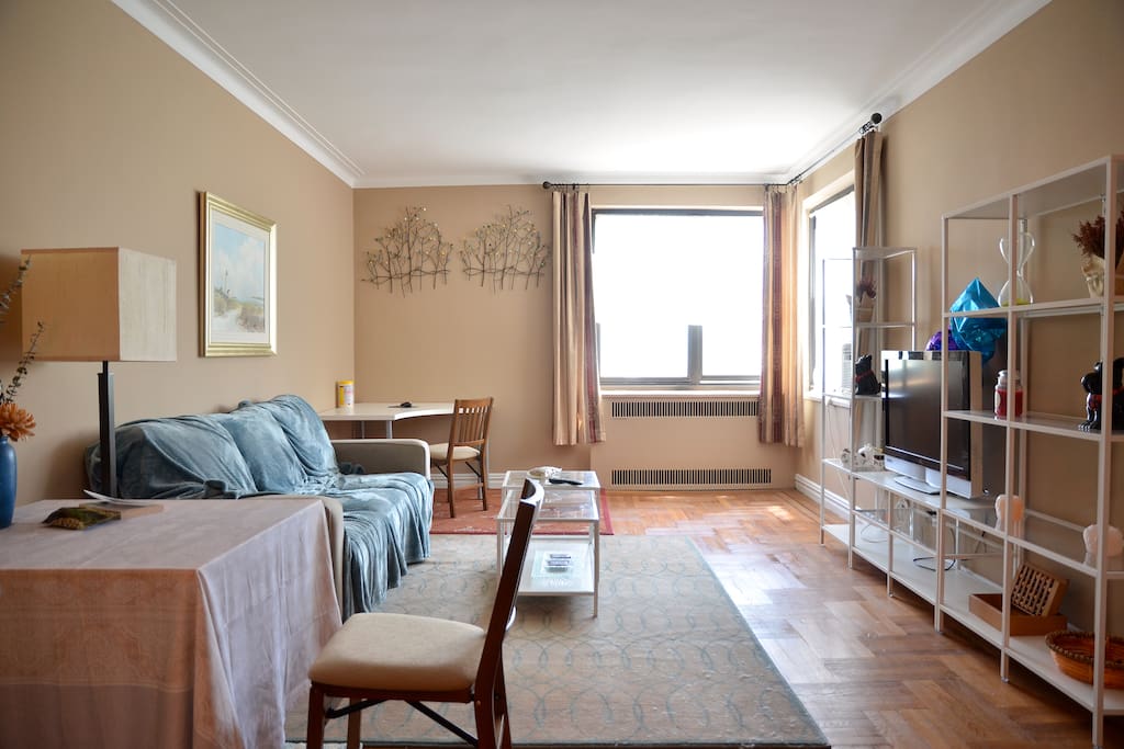 large living room with couch, TV(no cable), dinning and office area