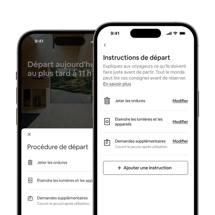 L'application Airbnb affiche la nouvelle fonctionnalité « Instructions de départ intégrées », avec une liste de tâches de départ courantes.