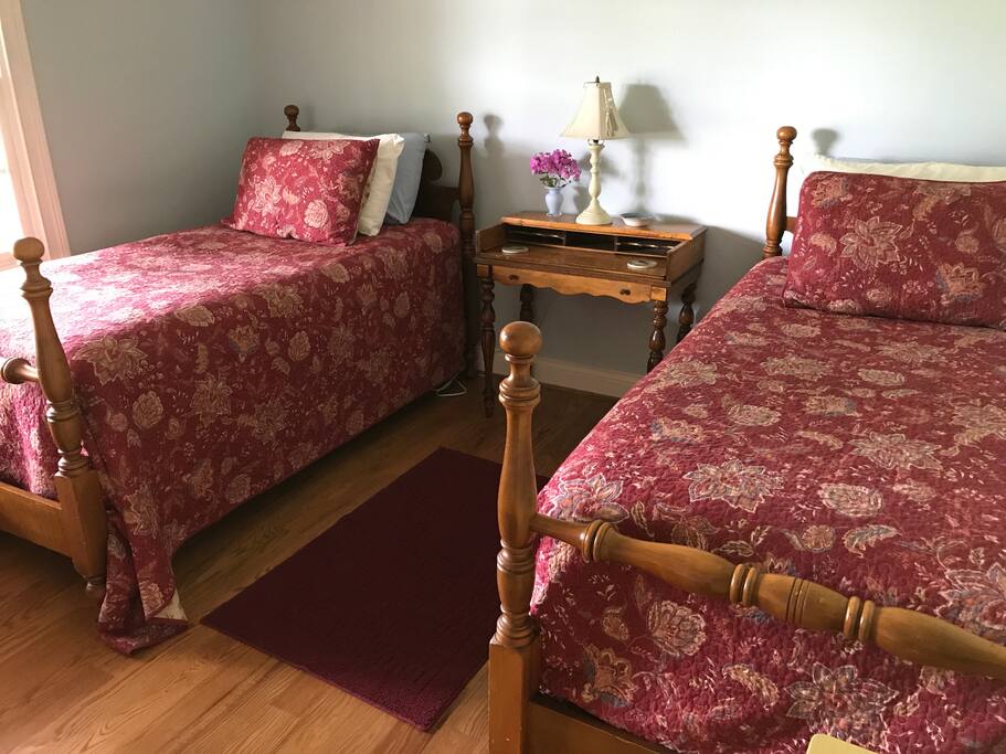 A spacious bedroom with comfy twin beds.
