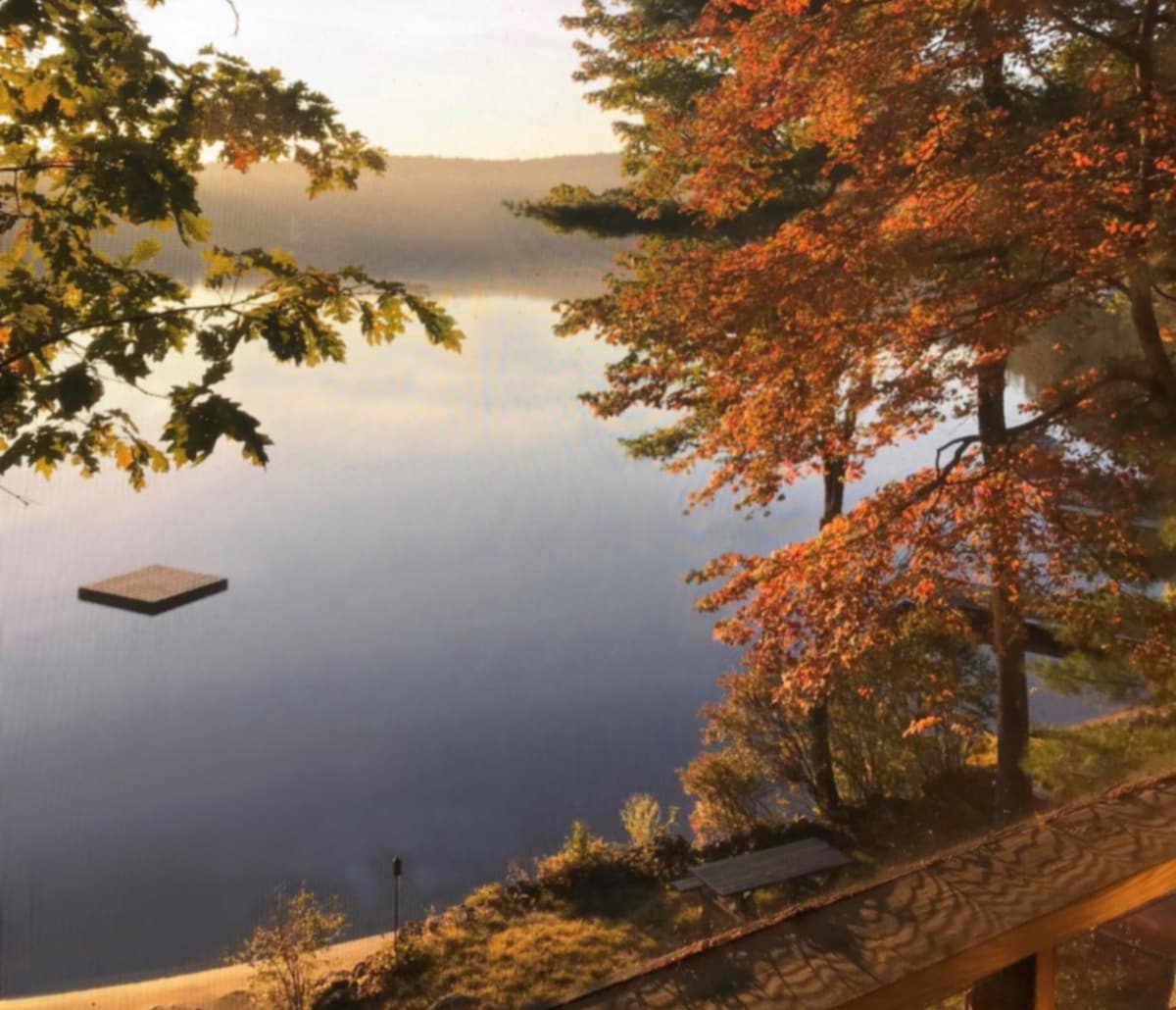 A serene lake view is framed by trees adorned with autumn foliage. The calm water reflects the vibrant colors of the leaves, while a wooden platform is visible on the lake's surface. The scene suggests a tranquil and peaceful retreat.