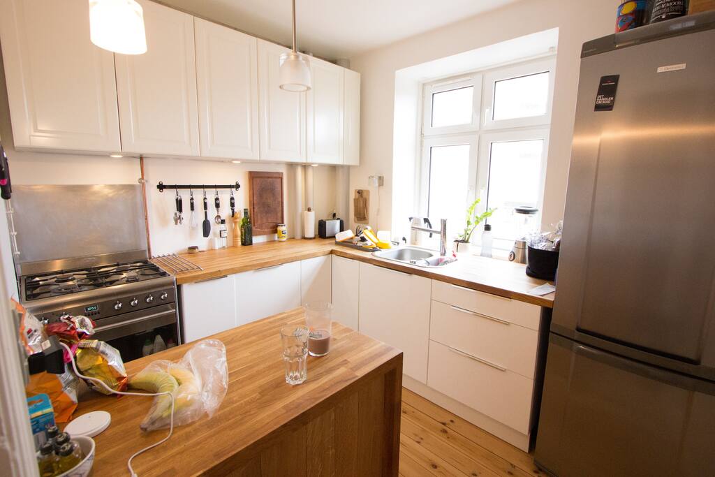 The kitchen is very practical for the size of the apartment. Very well equipped and a big fridge and freezer.