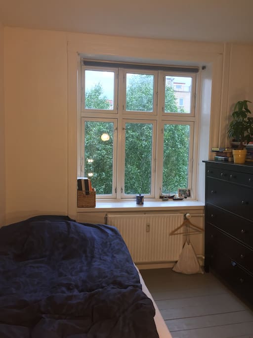 Our bed is located right next to the window - Wake up and open the blinds to green trees and the sun shining!