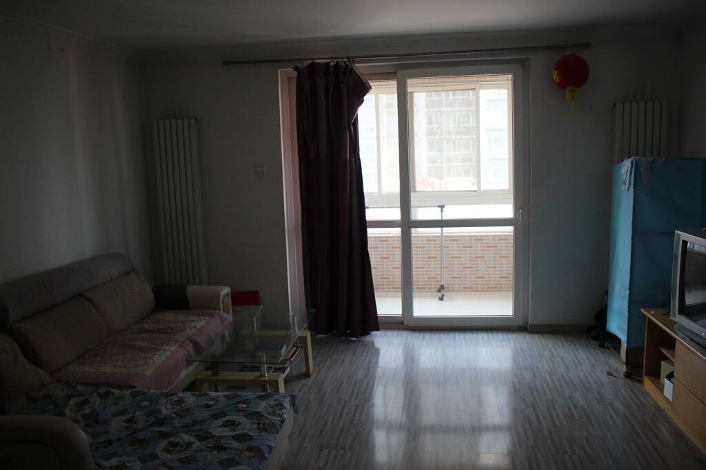 Big living room with sofa, large balcony and TV