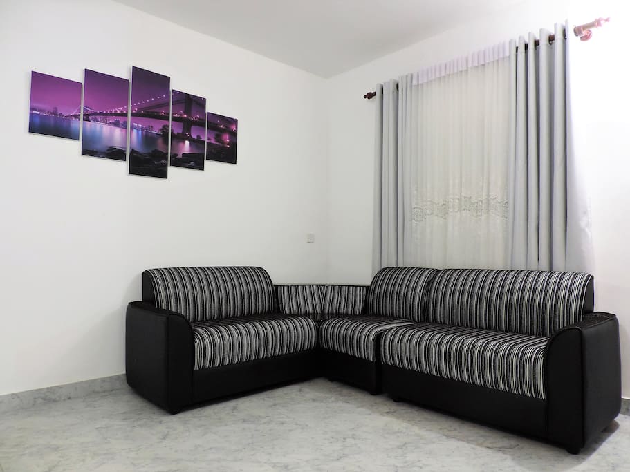 185sqft sitting area comprising of a modern sofa, dining table with 6 chairs etc.