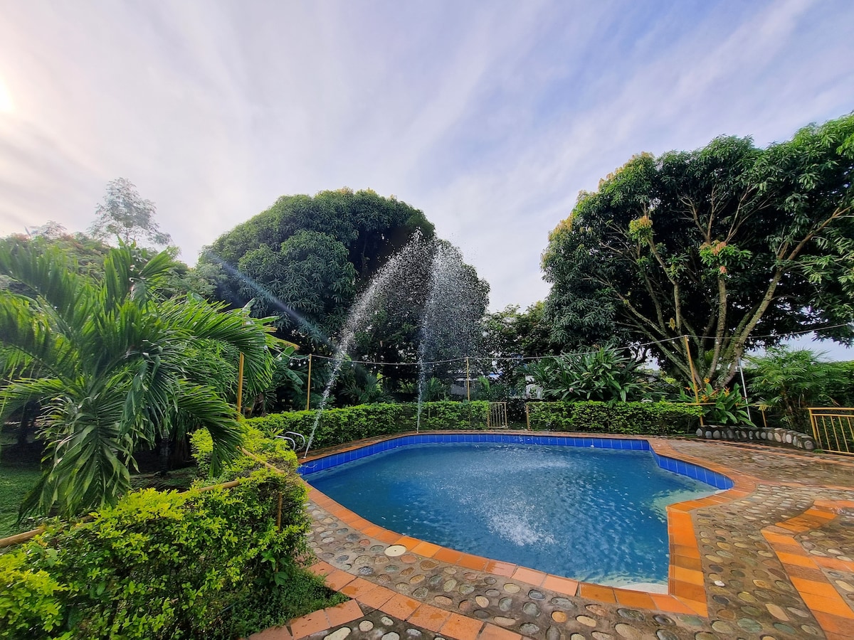A refreshing swimming pool is surrounded by lush greenery, featuring a fountain that adds a dynamic element to the serene atmosphere. Tropical plants and tall trees frame the area, creating a natural retreat for relaxation and enjoying the outdoors.