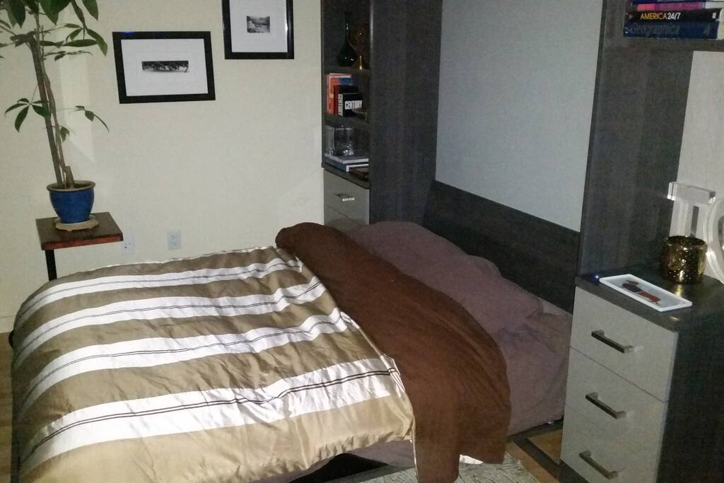 Front room with queen bed next to full bathroom