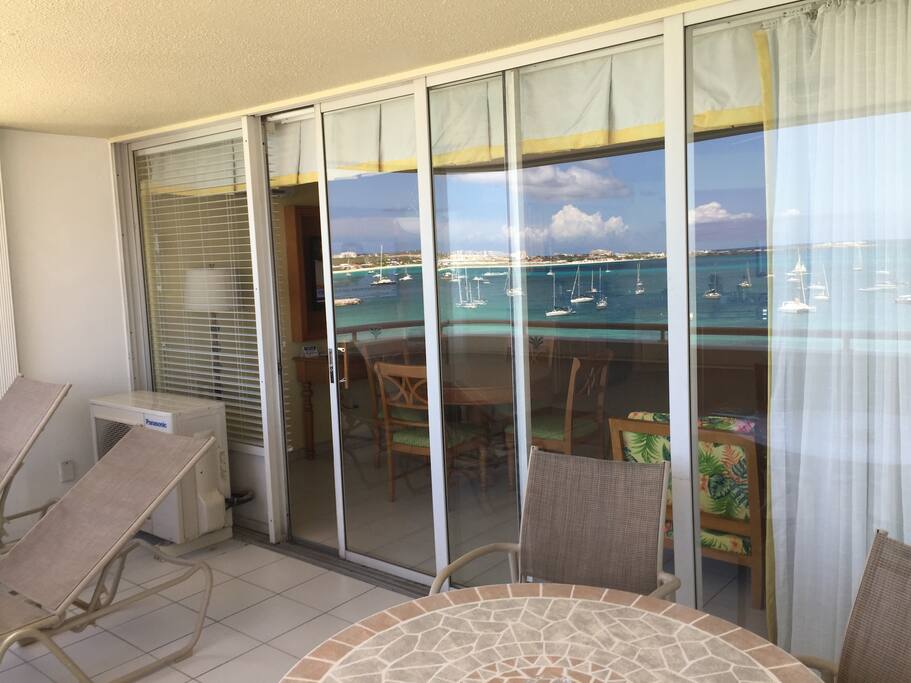 Balcony looking into the living room and dining area