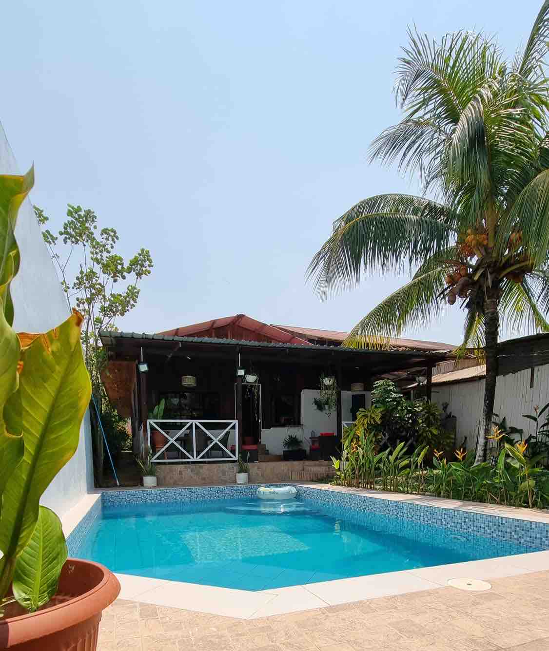 A private pool is seen surrounded by tropical plants and palm trees, reflecting a clear blue sky. A shaded seating area with a red roof is located in the background, providing a serene space to relax near the water.
