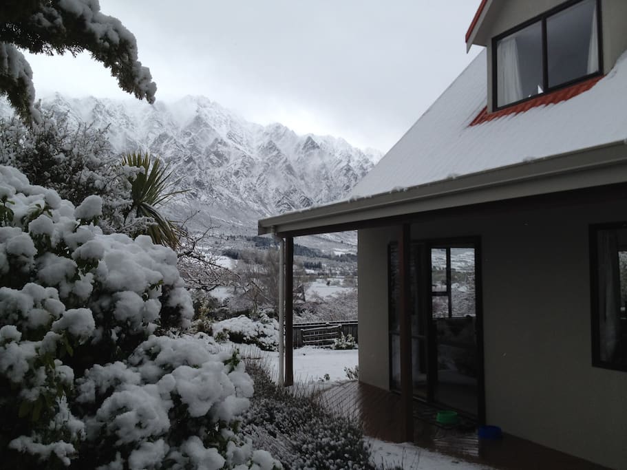 Stunning winter views of The Remarkables from the deck & living & dining room