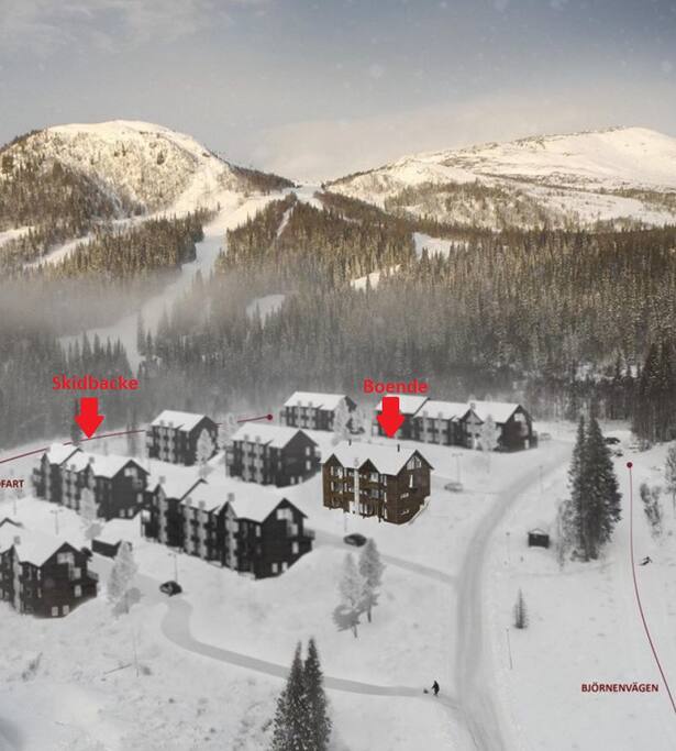 The right arrow is pointing at the location of the apartment and the left arrow is pointing at the nearest slope.