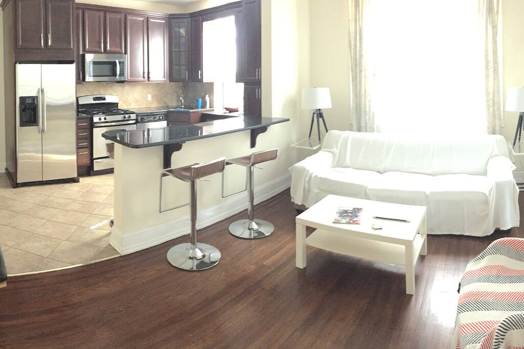 large kitchen with eat in living room