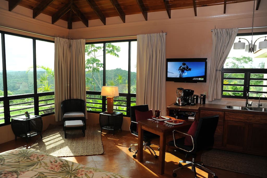 Listen to music or watch movies comfortably propped up in your king size bed!